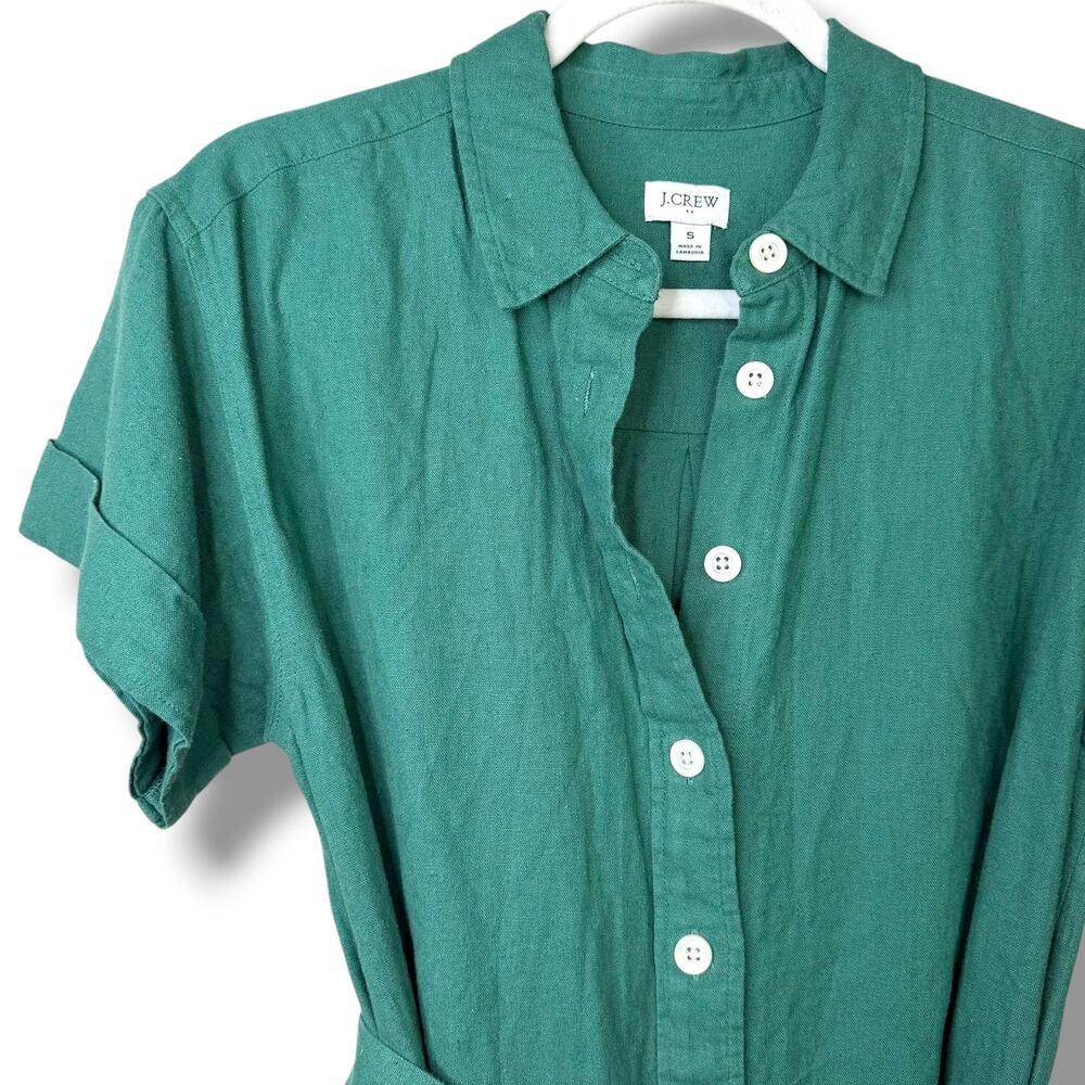 J.Crew Emerald Green Linen Blend Belted Button Front Short Sleeve Shirtdress - Picture 3 of 9